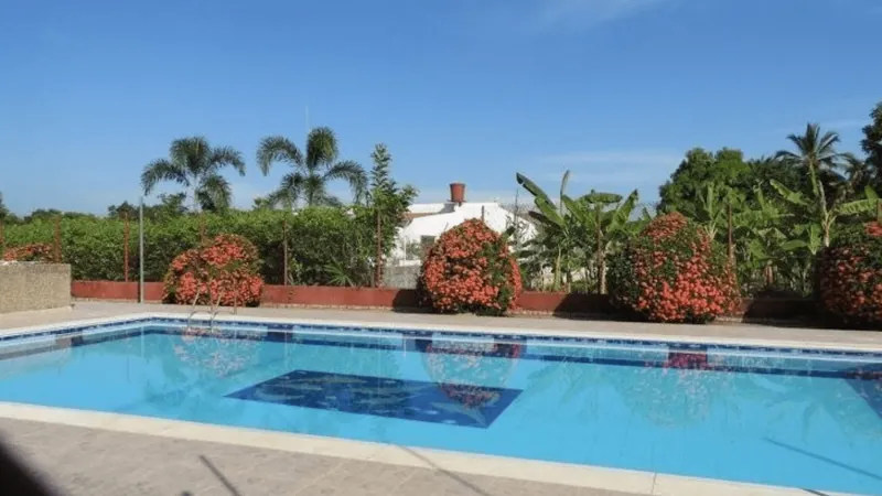 Piscina rodeada de jardín y palmeras en la sede de Montería